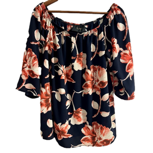 Women’s 1X Navy & Pink Floral Short Sleeve Blouse